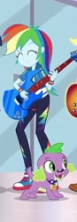 Size: 210x606 | Tagged: safe, imported from derpibooru, screencap, rainbow dash, spike, spike the regular dog, dog, a fine line, equestria girls, equestria girls series, clothes, converse, cropped, eyes closed, female, guitar, male, shoes, smiling