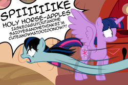 Size: 3588x2376 | Tagged: safe, artist:badumsquish, derpibooru exclusive, imported from derpibooru, twilight sparkle, oc, oc:nagaidesu, alicorn, original species, rokurokubi, youkai, book, dialogue, door, doorway, female, golden oaks library, halp, implied spike, impossibly long neck, long neck, neck, nyoom, ponytail, prehensile neck, raised hoof, scared, screaming, speed lines, spread wings, surprised, twilight sparkle (alicorn), wat, wide eyes, wings