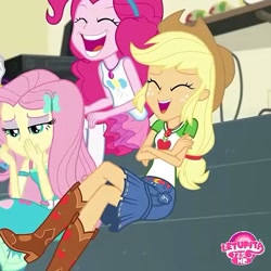 Size: 553x552 | Tagged: safe, imported from derpibooru, screencap, applejack, fluttershy, pinkie pie, equestria girls, equestria girls series, boots, clothes, cowboy boots, cowboy hat, cropped, denim skirt, eyes closed, female, geode of fauna, geode of sugar bombs, geode of super strength, hat, laughing, magical geodes, shoes, skirt, stetson, watermark