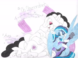 Size: 6336x4752 | Tagged: safe, artist:frozensoulpony, imported from derpibooru, oc, oc only, oc:azure, oc:rose, earth pony, pegasus, pony, absurd resolution, female, guitar, mare, traditional art