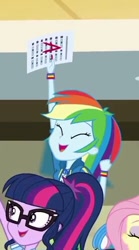 Size: 278x501 | Tagged: safe, imported from derpibooru, screencap, fluttershy, rainbow dash, sci-twi, twilight sparkle, equestria girls, equestria girls series, the finals countdown, a-, cropped, female, geode of super speed, grades, magical geodes, offscreen character