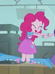 Size: 343x460 | Tagged: safe, imported from derpibooru, screencap, pinkie pie, a case for the bass, equestria girls, rainbow rocks, boots, clothes, cropped, eyes closed, female, shoes, skirt, smiling, solo
