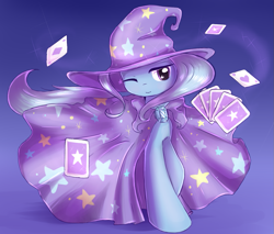 Size: 1055x900 | Tagged: safe, artist:nika191319, imported from derpibooru, trixie, pony, unicorn, cape, card, card trick, clothes, cute, diamond, diatrixes, female, gradient background, hat, heart, levitation, magic, mare, one eye closed, playing card, raised hoof, smiling, solo, starry eyes, stars, telekinesis, trixie's cape, trixie's hat, wingding eyes, wink