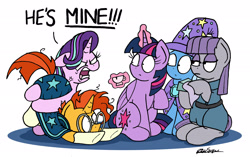 Size: 2432x1530 | Tagged: safe, artist:bobthedalek, imported from derpibooru, boulder (pet), maud pie, starlight glimmer, sunburst, trixie, twilight sparkle, alicorn, earth pony, pony, unicorn, uncommon bond, angry, boulder (g4), butthug, cape, clothes, cross-popping veins, cup, dialogue, face down ass up, female, floppy ears, glimmer group, hat, hug, jealous, levitation, magic, male, possessive, quiet, ragelight glimmer, raised hoof, shipping, shrunken pupils, simple background, sitting, starburst, straight, teacup, telekinesis, trixie's cape, trixie's hat, twilight sparkle (alicorn), white background, yandere, yandere glimmer, yelling