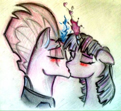 Size: 960x876 | Tagged: safe, artist:twiontheline, imported from derpibooru, fizzlepop berrytwist, tempest shadow, twilight sparkle, pony, unicorn, my little pony: the movie, duo, female, kiss on the lips, kissing, lesbian, mare, shipping, tempestlight, traditional art
