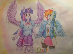 Size: 960x720 | Tagged: safe, artist:twiontheline, imported from derpibooru, rainbow dash, twilight sparkle, equestria girls, female, horn, lesbian, ponied up, shipping, spread wings, traditional art, twidash, wingboner, wings