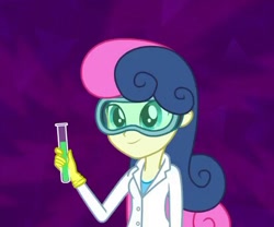 Size: 412x343 | Tagged: safe, imported from derpibooru, screencap, bon bon, equestria girls, friendship games, clothes, goggles, lab coat, science, smiling