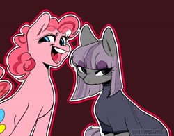 Size: 1280x1006 | Tagged: safe, artist:quietwheezing01, imported from derpibooru, maud pie, pinkie pie, clothes, eyeshadow, female, looking at you, makeup, open mouth, red background, siblings, signature, simple background, sisters, smiling