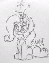Size: 1693x2185 | Tagged: safe, artist:binkyt11, derpibooru exclusive, imported from derpibooru, trixie, pony, unicorn, chest fluff, chibi, ear fluff, female, grin, mare, monochrome, smiling, solo, starry eyes, traditional art, wingding eyes
