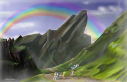 Size: 1024x660 | Tagged: safe, artist:stratodraw, imported from derpibooru, applejack, fluttershy, pinkie pie, rainbow dash, rarity, twilight sparkle, earth pony, pegasus, pony, unicorn, female, mane six, mare, rainbow, scenery