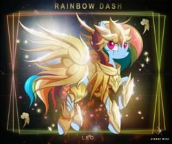 Size: 3840x3232 | Tagged: safe, artist:zidanemina, imported from derpibooru, rainbow dash, pegasus, pony, armor, crossover, female, leo, mare, multicolored hair, raised hoof, saint seiya, solo, zodiac