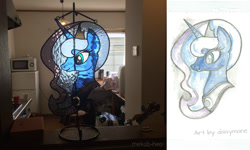 Size: 1200x720 | Tagged: safe, artist:daisymane, artist:mekab-hiro, imported from derpibooru, princess luna, alicorn, pony, craft, irl, photo, solo, stained glass, stained glass (irl)