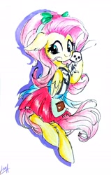 Size: 2120x3336 | Tagged: safe, artist:liaaqila, imported from derpibooru, angel bunny, fluttershy, pegasus, pony, eqg summertime shorts, pet project, bow, clothes, cute, equestria girls outfit, equestria girls ponified, female, floppy ears, folded wings, hairband, hoof hold, human pony fluttershy, looking at you, mare, ponified, shyabetes, simple background, smiling, traditional art, white background, wings