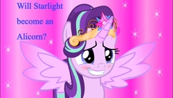 Size: 1280x720 | Tagged: safe, imported from derpibooru, starlight glimmer, alicorn, pony, alicornified, blushing, female, gradient background, grin, mare, princess starlight glimmer, question, race swap, smiling, solo, sparkles, spread wings, squee, starlicorn, text, wings, xk-class end-of-the-world scenario