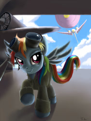 Size: 800x1066 | Tagged: safe, artist:swaetshrit, imported from derpibooru, rainbow dash, pegasus, pony, aircraft, clothes, coveralls, female, flying, goggles, overalls, pilot, plane, solo