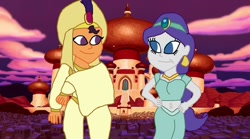 Size: 1199x667 | Tagged: safe, artist:ktd1993, imported from derpibooru, rarity, saffron masala, equestria girls, aladdin, aladdin (character), clothes, cosplay, costume, disney, equestria girls-ified, female, lesbian, princess jasmine, raffron, shipping