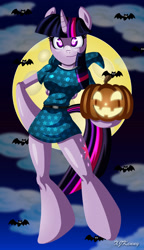 Size: 1000x1742 | Tagged: safe, artist:xjkenny, imported from derpibooru, twilight sparkle, alicorn, anthro, bat, unguligrade anthro, arm hooves, breasts, cloud, female, full moon, halloween, holiday, jack-o-lantern, mare, moon, night, pumpkin, smiling, twilight sparkle (alicorn)