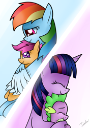 Size: 2480x3507 | Tagged: safe, artist:twidasher, imported from derpibooru, rainbow dash, scootaloo, spike, twilight sparkle, dragon, pegasus, pony, unicorn, comforting, eyes closed, female, filly, hug, mare, multicolored hair, scootalove, spikelove, unicorn twilight, winghug