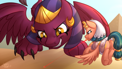 Size: 1280x720 | Tagged: dead source, safe, artist:sugaryviolet, imported from derpibooru, somnambula, sphinx (character), pegasus, pony, sphinx, daring done?, behaving like a cat, butt, female, kitty sphinx, laser pointer, macro, mare, plot, pyramid, sand, underhoof