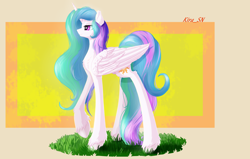 Size: 3200x2030 | Tagged: safe, artist:kirasunnight, imported from derpibooru, princess celestia, alicorn, pony, beautiful, chest fluff, female, folded wings, grass, lidded eyes, mare, missing accessory, multicolored mane, multicolored tail, praise the sun, purple eyes, raised hoof, royalty, smiling, solo, unshorn fetlocks