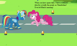 Size: 624x374 | Tagged: safe, edit, edited screencap, imported from derpibooru, screencap, pinkie pie, rainbow dash, secrets and pies, clothes, cropped, implied prank, implied thunderlane, track, uniform, wonderbolts uniform