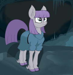 Size: 1737x1797 | Tagged: safe, artist:paskanaakka, derpibooru exclusive, imported from derpibooru, maud pie, earth pony, pony, cave, clothes, colored hooves, dress, ear fluff, female, looking up, mare, nose wrinkle, solo, unshorn fetlocks