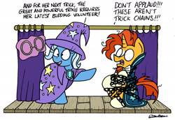 Size: 2209x1522 | Tagged: safe, artist:bobthedalek, imported from derpibooru, sunburst, trixie, pony, unicorn, uncommon bond, bondage, cape, chains, clothes, hat, magic show, simple background, stage, trixie's cape, trixie's hat, unsexy bondage, white background