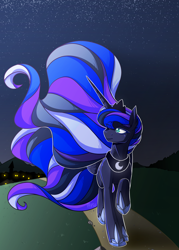 Size: 2500x3500 | Tagged: safe, artist:lrusu, imported from derpibooru, princess luna, alicorn, pony, female, mare, multicolored hair, night, raised hoof, solo, stars, walking