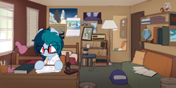 Size: 2224x1113 | Tagged: safe, artist:shinodage, imported from derpibooru, oc, oc only, oc:delta vee, pony, bed, bedroom, blinds, book, calendar, can, clothes, comic, delta vee's junkyard, desk, desk lamp, female, flashback, glasses, globe, headphones, lamp, looking at each other, looking down, lying down, male, mare, mirror, mouth hold, pencil, pillow, plushie, poster, shelf, shirt, single panel, smiling, stallion, sweater, trash can, turtleneck, walkman, window, younger