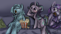 Size: 679x387 | Tagged: safe, artist:elisdoominika, imported from derpibooru, starlight glimmer, trixie, twilight sparkle, alicorn, pony, unicorn, couch, female, food, lesbian, mare, pillow, popcorn, shipping, sleeping, startrix, twilight sparkle (alicorn)