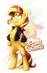 Size: 792x1224 | Tagged: safe, artist:luximus17, imported from derpibooru, sunset shimmer, pony, unicorn, bipedal, chest fluff, clothes, female, hooves on hips, jacket, looking up, mare, smiling, solo