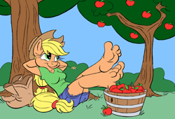 Size: 1280x871 | Tagged: safe, artist:clovershroom, artist:kuroi-wolf, color edit, edit, imported from derpibooru, applejack, anthro, plantigrade anthro, barefoot, colored, cowboy hat, feet, female, hat, solo