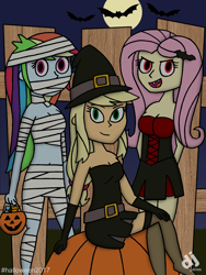 Size: 1200x1600 | Tagged: safe, artist:djgames, imported from derpibooru, applejack, fluttershy, rainbow dash, vampire, equestria girls, full moon, halloween, holiday, moon, mummy, witch