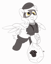 Size: 4183x5306 | Tagged: safe, alternate version, artist:pabbley, imported from derpibooru, derpy hooves, pegasus, pony, absurd resolution, female, mare, mask, muffin thief, partial color, simple background, smiling, solo