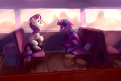 Size: 4000x2666 | Tagged: safe, artist:lilfunkman, imported from derpibooru, rarity, twilight sparkle, pony, unicorn, fanfic:the last train home, canterlot, duo, fanfic, fanfic art, fanfic cover, female, lesbian, mare, rarilight, shipping, slice of life, train, unicorn twilight