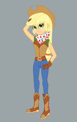 Size: 1024x1609 | Tagged: safe, artist:verumteednp, deleted from derpibooru, imported from derpibooru, applejack, equestria girls, clothes, cowboy hat, freckles, gloves, hat, simple background, smiling, solo, stetson