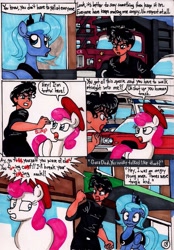 Size: 1383x1989 | Tagged: safe, artist:newyorkx3, imported from derpibooru, princess luna, oc, oc:tommy, human, pony, comic:young days, argument, car, censored vulgarity, comic, dialogue, female, grawlixes, manehattan, mare, racism, s1 luna, speech bubble, swearing, traditional art, vulgar