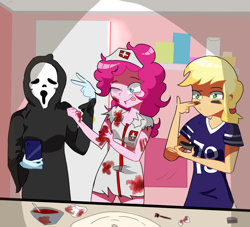 Size: 2750x2500 | Tagged: safe, artist:noahther, imported from derpibooru, applejack, pinkie pie, rainbow dash, equestria girls, american football, cellphone, clothes, ghostface, halloween, holiday, indianapolis colts, nfl, nurse, phone, scream mask, smartphone, sports, table