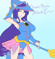 Size: 1280x1387 | Tagged: safe, artist:jonfawkes, imported from derpibooru, rarity, human, series:nightmare war, armpits, breasts, clothes, cosplay, costume, dark magician girl, dialogue, female, humanized, looking at you, one eye closed, simple background, smiling, solo, yu-gi-oh!