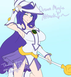 Size: 1280x1387 | Tagged: safe, artist:jonfawkes, imported from derpibooru, rarity, human, series:nightmare war, armpits, breasts, clothes, cosplay, costume, dark magician girl, dialogue, female, humanized, looking at you, one eye closed, simple background, smiling, solo, yu-gi-oh!