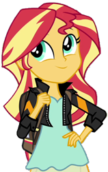 Size: 398x631 | Tagged: safe, artist:fella, imported from derpibooru, sunset shimmer, equestria girls, friendship games, bag, clothes, cute, female, hand on hip, jacket, leather jacket, shimmerbetes, simple background, smiling, solo, transparent background