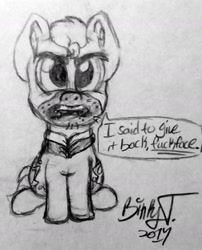 Size: 1620x2005 | Tagged: safe, artist:binkyt11, derpibooru exclusive, imported from derpibooru, biff, earth pony, pony, chibi, henchmen, male, missing accessory, monochrome, solo, stallion, story included, stubble, talking to viewer, traditional art, vulgar