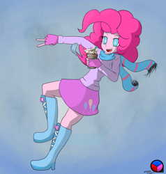 Size: 1280x1347 | Tagged: safe, artist:genericmlp, imported from derpibooru, pinkie pie, equestria girls, autumn, boots, clothes, female, fingerless gloves, gloves, open mouth, scarf, shoes, skirt, solo