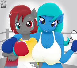 Size: 3400x3000 | Tagged: safe, artist:jessesmash32, imported from derpibooru, oc, oc only, oc:nina dasher, oc:shadow flare, anthro, pegasus, bipedal, boxer, boxing, boxing gloves, boxing ring, breasts, clothes, glasses, heterochromia, hug, midriff, smiling, sports, sports bra