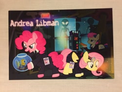 Size: 1200x900 | Tagged: safe, artist:pixelkitties, imported from derpibooru, bon bon, fluttershy, pinkie pie, sweetie drops, alien, earth pony, pegasus, pony, andrea libman, autograph, carrot, clothes, cutie mark, dark room, female, fish bowl, food, halloween, holiday, id card, light, mare, parody, pixelkitties' brilliant autograph media artwork, s.m.i.l.e., science fiction, uniform, voice actor joke, x-files