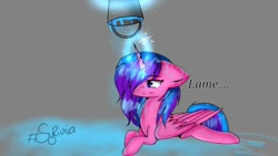 Size: 960x540 | Tagged: safe, artist:winter-shadow7, imported from derpibooru, oc, oc only, oc:melody aurora, alicorn, alicorn oc, bucket, floppy ears, ice bucket challenge, lying down, offspring, pail, parent:flash sentry, parent:twilight sparkle, parents:flashlight, puddle, signature, unamused, wet, wet mane