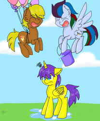 Size: 600x723 | Tagged: safe, artist:fionnadash501, imported from derpibooru, oc, oc only, oc:orion galaxy, oc:pizza frenzy, oc:thunder clash, alicorn, earth pony, pegasus, pony, alicorn oc, balloon, bucket, ear fluff, ice bucket challenge, laughing, male, offspring, parent:cheese sandwich, parent:flash sentry, parent:pinkie pie, parent:rainbow dash, parent:soarin', parent:twilight sparkle, parents:cheesepie, parents:flashlight, parents:soarindash, prank, puddle, stallion, unamused, wet, wet mane