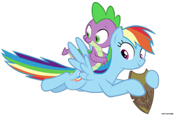 Size: 5748x3807 | Tagged: safe, artist:mandash1996, imported from derpibooru, rainbow dash, spike, dragon, pegasus, pony, shadow play, absurd resolution, dragons riding ponies, duo, female, flying, male, netitus, riding, shield, simple background, spike riding rainbow dash, transparent background, vector