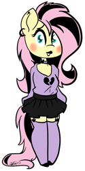 Size: 1957x3924 | Tagged: safe, artist:befishproductions, imported from derpibooru, fluttershy, anthro, unguligrade anthro, black lipstick, blushing, chibi, clothes, cute, ear piercing, emo, emoshy, female, garter belt, garters, goth, lipstick, looking at you, mare, open mouth, piercing, scene kid, simple background, skirt, solo, stockings, thigh highs, transparent background, zettai ryouiki