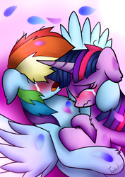 Size: 2480x3507 | Tagged: safe, artist:twidasher, imported from derpibooru, rainbow dash, twilight sparkle, pegasus, pony, unicorn, blushing, chest fluff, crying, duo, eyes closed, eyeshadow, female, floppy ears, lesbian, makeup, mare, open mouth, sad, shipping, spread wings, twidash, wavy mouth, wings